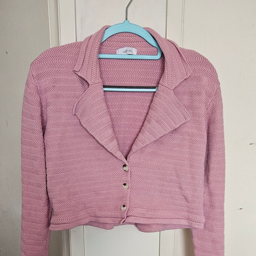 Greylin Knitted Pink Button-Up Crop Cardigan